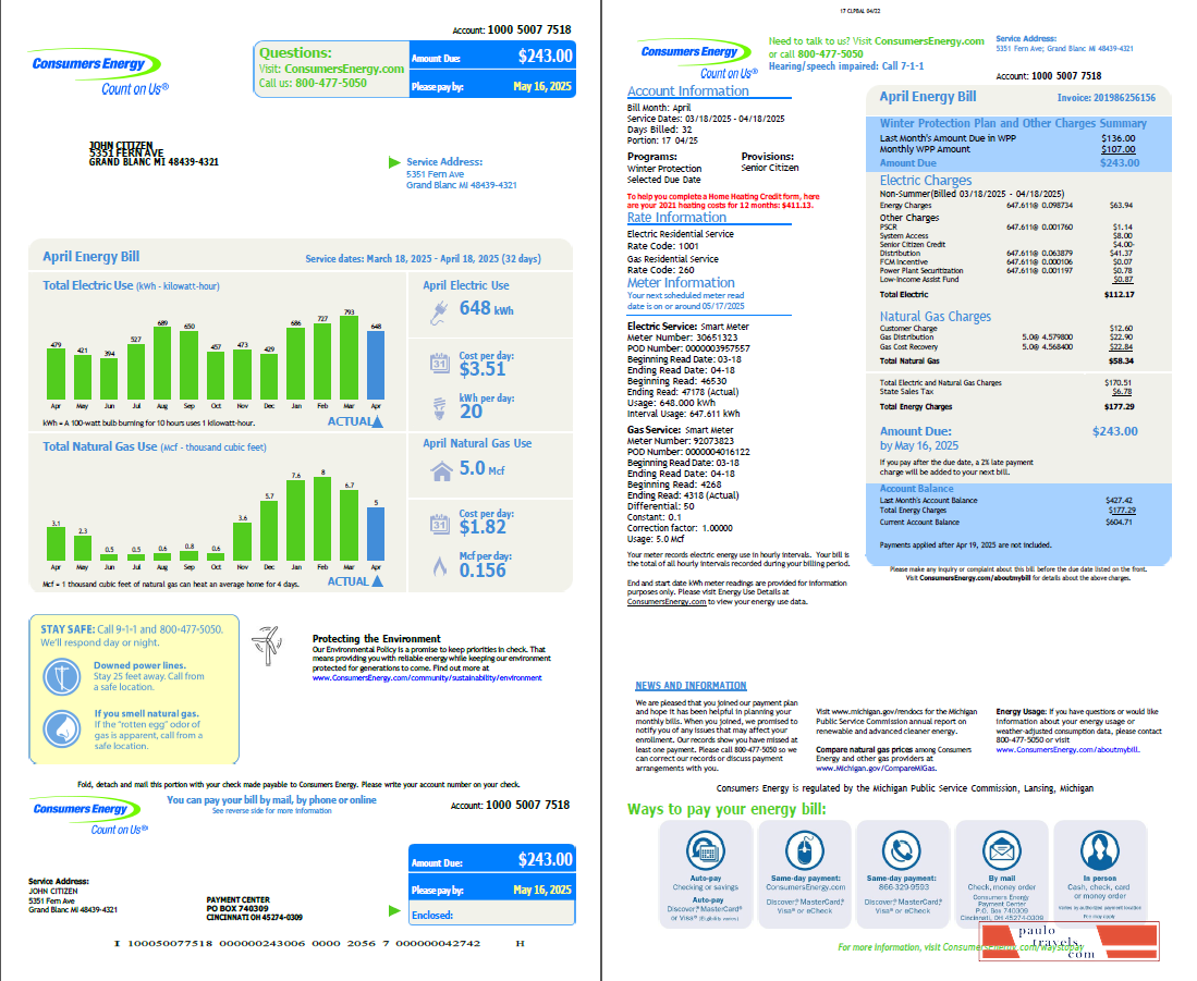 USA Consumers Energy utility bill template in Word and PDF formats, 2 pages, vesion 2
